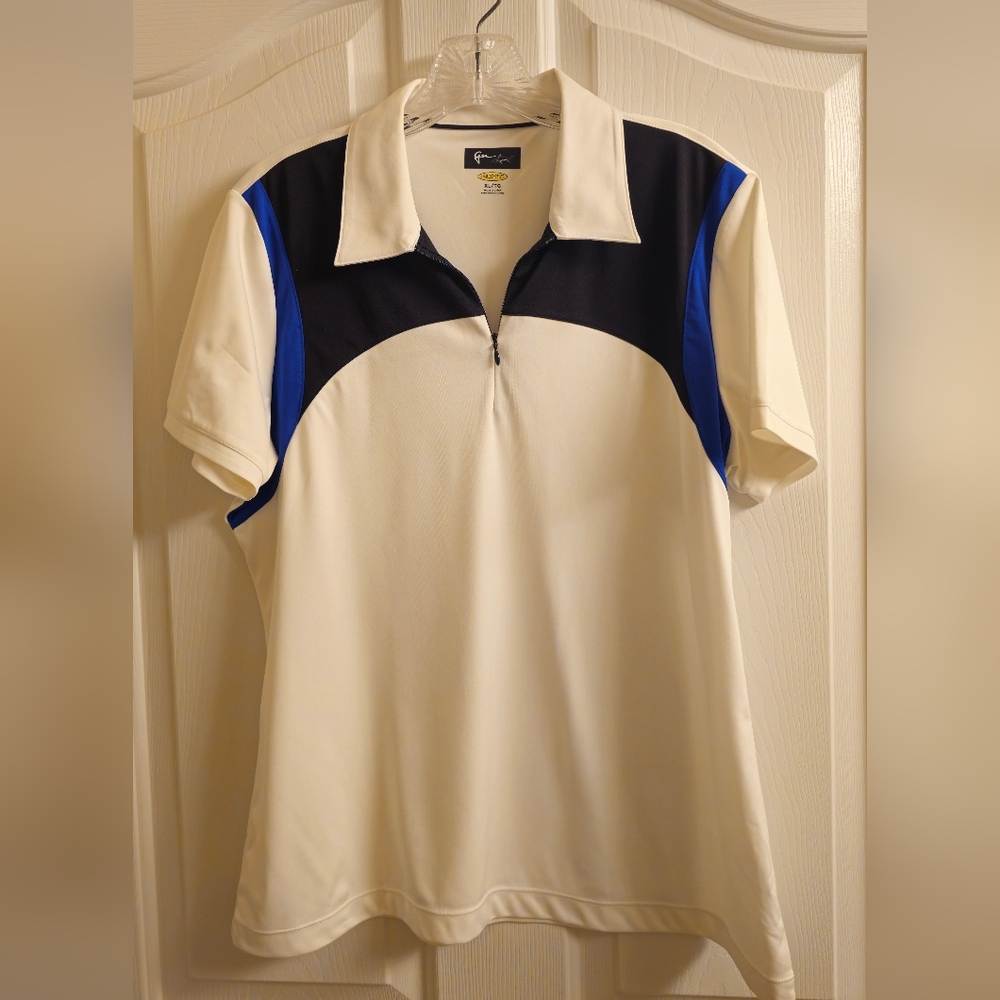 Greg Norman XL Women's Short Sleeve Golf Shirt; White, Blue and Black